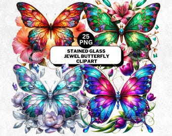 Stained Glass Butterfly Clipart: Watercolor Jewel PNG (Digital Download)