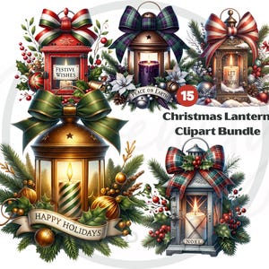 Christmas Lantern Clipart Bundle, Festive Holiday Candle PNG, Merry Christmas Watercolor Lantern Clip Art, Digital Download, Commercial Use