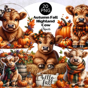 Clipart di mucca scozzese autunnale ad acquerello, zucche autunnali, foglie (download digitale)