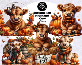 Watercolor Autumn Highland Cow Clipart, Cute Fall Cow PNG, Baby Animal Images, Fall Pumpkins Leaves Designs, Happy Fall, Digital Download