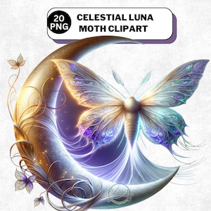 May include: A digital illustration of a moth with iridescent wings, set against a crescent moon. The moth's wings feature shades of blue, purple, and gold. The moon is a gradient of gold and silver, with floral accents. Text at the top reads "Celestial Luna Moth Clipart."