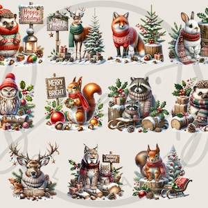 cute woodland png, woodland animals, winter Clipart, bear fox deer, bunny clipart, woodland nursery, christmas clipart, christmas animals, junk journal, baby animal clipart, cute forest animals, watercolor animal, woodland christmas, Digital Download