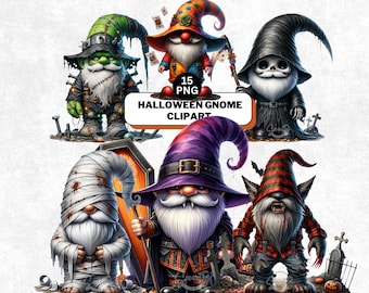Halloween Gnome Clipart Bundle, Spooky Watercolor PNG, Digital Download