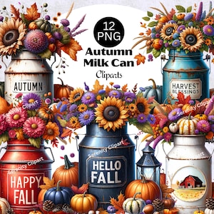 Autumn Milk Can Jar clipart, aquarel herfst clipart, rustieke boerderij png, hallo herfst png, pompoenen zonnebloemen clipart, digitale download