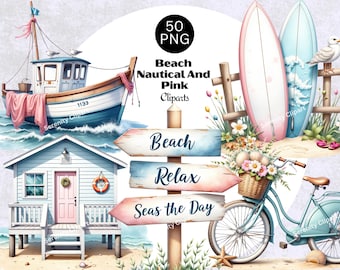 May include: A set of 50 beach and nautical themed digital clipart images. The clipart includes a pink and blue surfboard, a beach house, a sailboat, a bicycle, and a sign that says "Beach Relax Seas the Day".