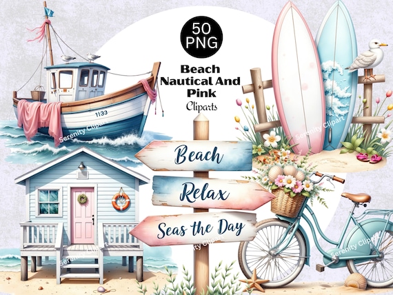 Watercolor Beach Clipart, Nautical Ocean Png, Summer Clipart, Tropical Vacation Art, Lighthouse Anchor Marine Sailor Png, Digital Download