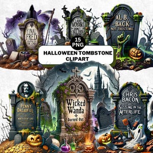 Grappige grafsteen clipart, spookachtige grafsteen png-bundel, eigenzinnige Halloween-citaten, gotische begraafplaats, digitale download