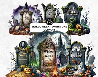 Lustige Grabstein Clipart, gruselige Grabstein PNG Bundle, schrullige Halloween-Zitate, gotischer Friedhof, digitaler Download