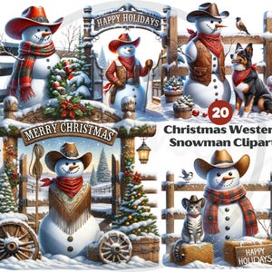 Bundle de cliparts Noël western bonhomme de neige, cowboy du sud-ouest rustique bonhomme de neige PNG, aquarelle mignon bonhomme de neige hiver Clip Art, téléchargement numérique