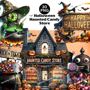Magasin de bonbons d'Halloween des cliparts, des cliparts Happy Halloween, des cliparts bonbons mignons, des cliparts de sorcière, des friandises de la saison fantasmagorique hantée, téléchargement numérique