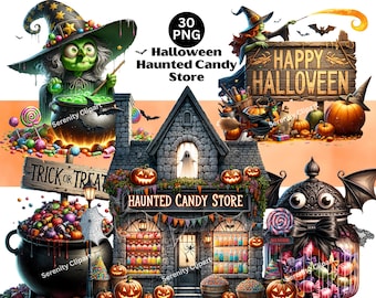 Halloween Candy Store Clipart, Happy Halloween Clipart, Cute Candy Clipart, Witch Clipart, Haunted Spooky Season Treats, Digital Download