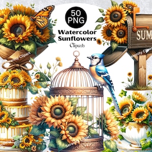 Imágenes prediseñadas de girasoles, PNG floral de acuarela, flores amarillas de verano y otoño, PNG de jardín natural, imágenes prediseñadas de sublimación de girasoles, descarga digital