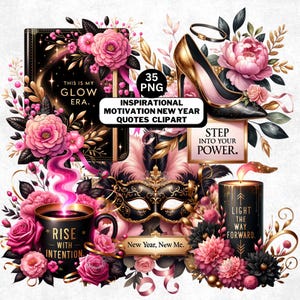 Könnte beinhalten: Digitales Clipart-Set mit einem schwarzen Buch, rosa Blumen, einem High-Heel-Schuh, einer Maske und einer Kaffeetasse. Texte: "This is my Glow Era", "Rise with Intention" und "Step into your Power". Thema: Neujahrsmotivation.