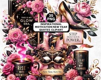 Inspirational Quotes Clipart Bundle: Motivation New Year Pink Gold Floral PNG, Manifesting Magic, Glow Era (Digital Download)