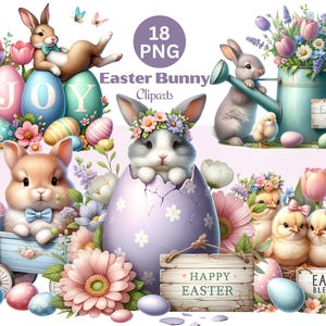 Paquete de imágenes prediseñadas de Pascua, lindo conejito PNG, huevos de Pascua de acuarela, feliz conejito de Pascua, gráficos de primavera, descarga digital, uso comercial