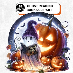 Clipart livre de lecture fantôme, ensemble PNG Kawaii Halloween, dessins de sublimation automne fantasmagorique (téléchargement numérique)