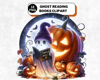 Geister lesen Buch Clipart, Kawaii Halloween PNG Bundle, gruselige Herbst Sublimation Designs (digitaler Download)