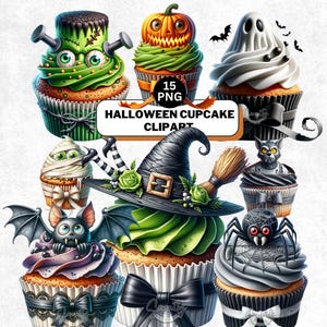 ハロウィンカップケーキのクリップアート、不気味なモンスターデザートPNGバンドル、魔女ゴーストコウモリカボチャ、デジタルダウンロード