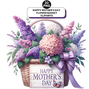 Happy Mother's Day mand clipart, aquarel bloemen png, lentebloemen, digitale download