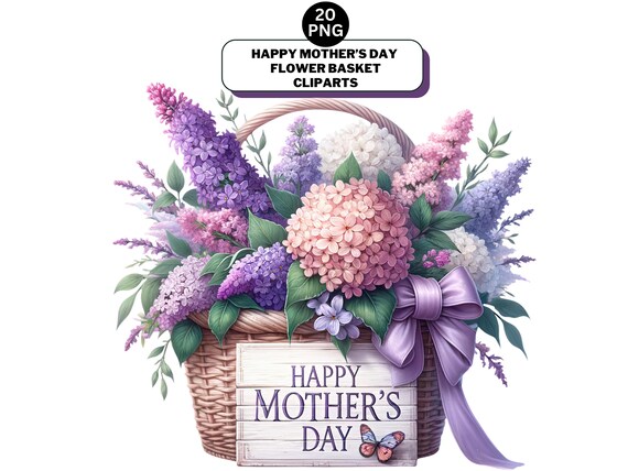 Happy Mother's Day Basket Clipart, Watercolor Floral PNG, Spring Flowers, Digital Download