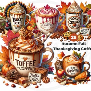 Paquete de imágenes prediseñadas de café otoñal acogedor, acuarela PNG de Acción de Gracias, imágenes prediseñadas de café caliente con especias de calabaza, descarga instantánea, uso comercial