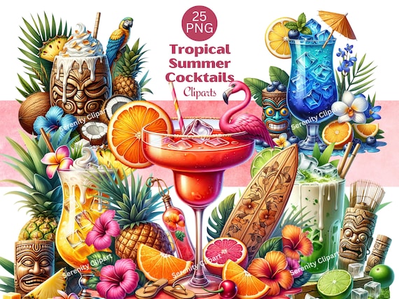 Watercolor Tropical Cocktail Clipart: Summer Drinks PNG (Digital Clipart)