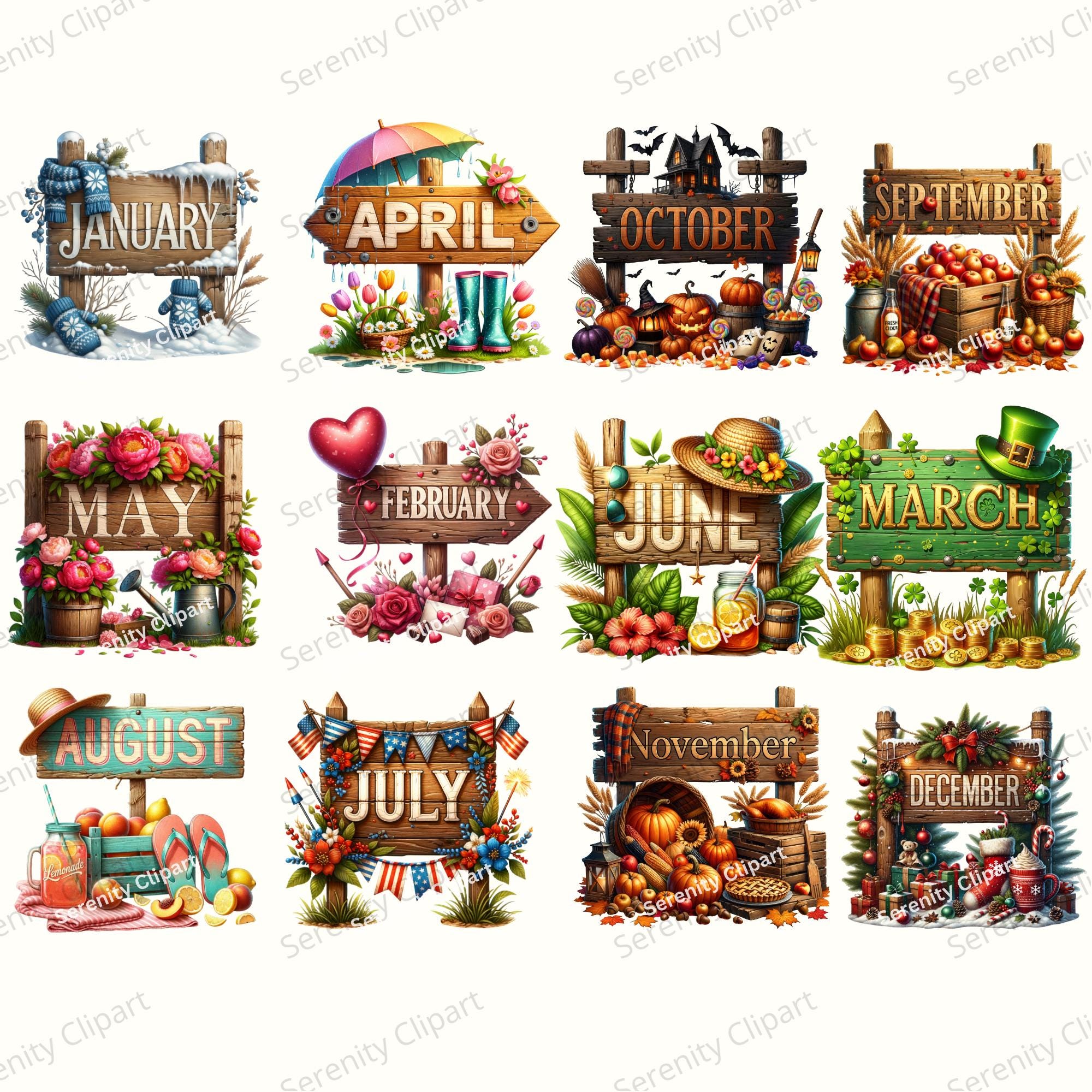 Months of the Year Signpost Clipart Bundle, Watercolor Seasonal Holiday ...