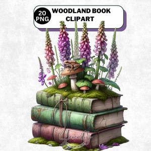 Woodland Books clipart, Enchanted Forest Stack, Cottagecore Floral PNG (digitale download)