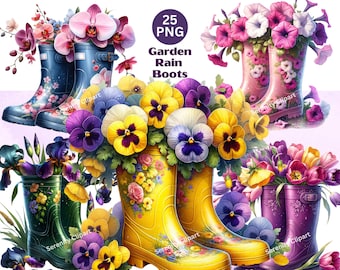 Clipart de botas de lluvia florales: Botas de agua de jardín con acuarela (Descarga digital)