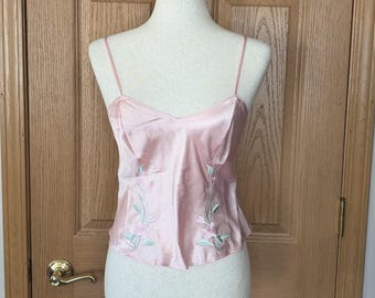 Vintage Y2K Delicates Pink Satin Floral Embroidered Cami Top Womens Small