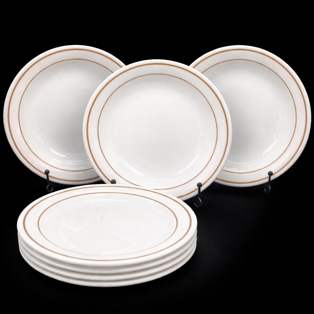 Vintage Comcor Corning Lariat Appetizer Plates Set of 7 White Tan Rim ...