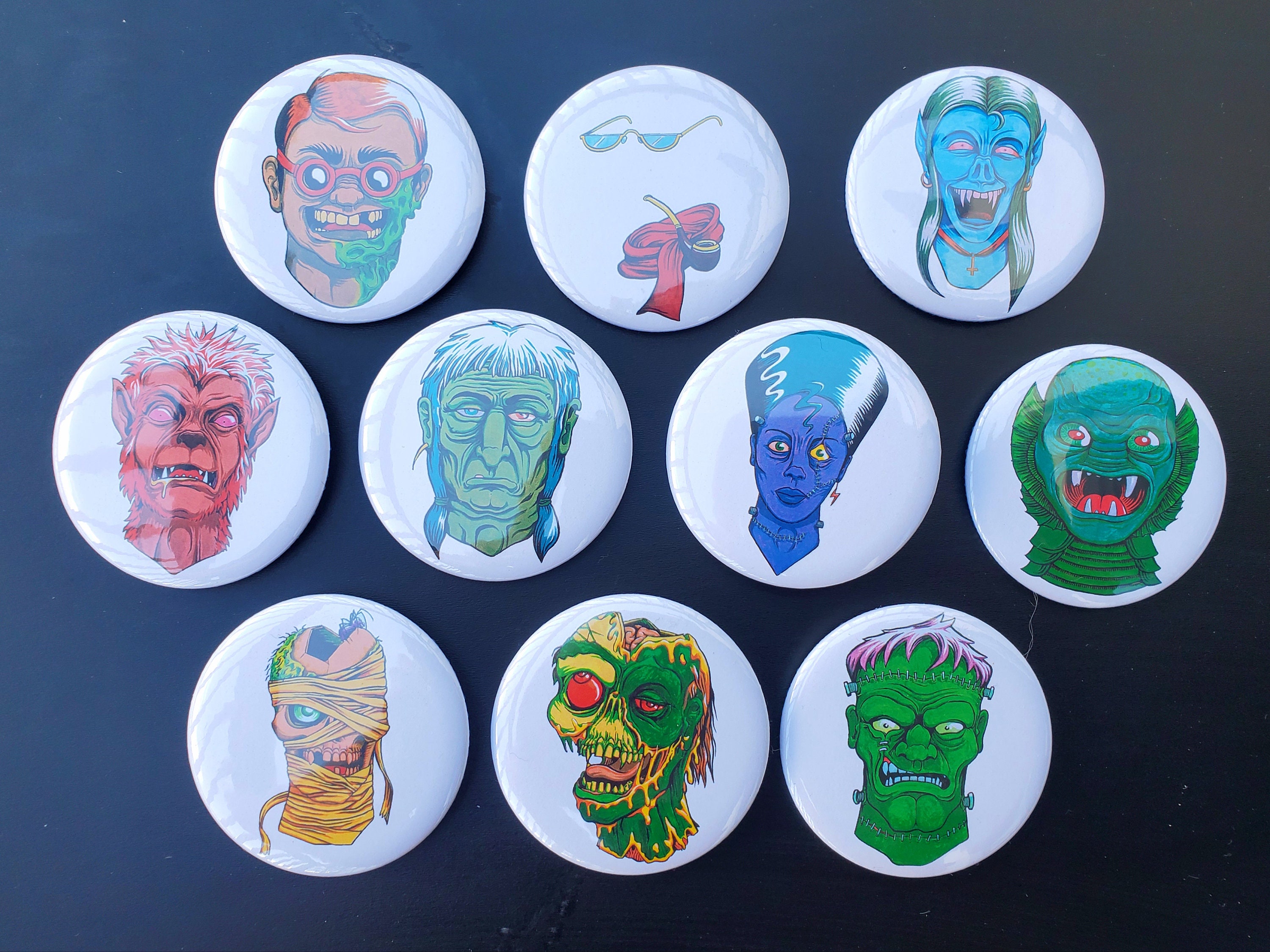 Set of 10 Classic Monster large badges 50mm and Postcards Etsy
