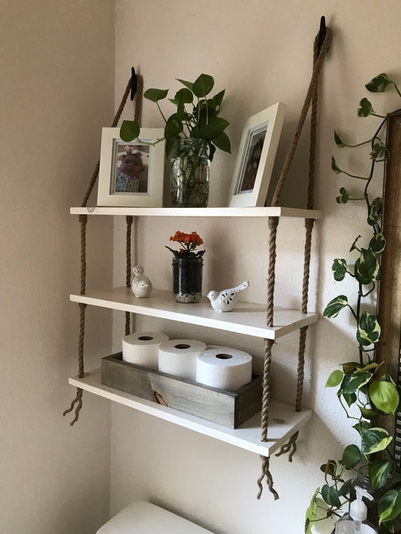 Three Tier Wood And Rope Hanging Shelves In White Wash Stain Bathroom Small Storage Rustic Farmhouse