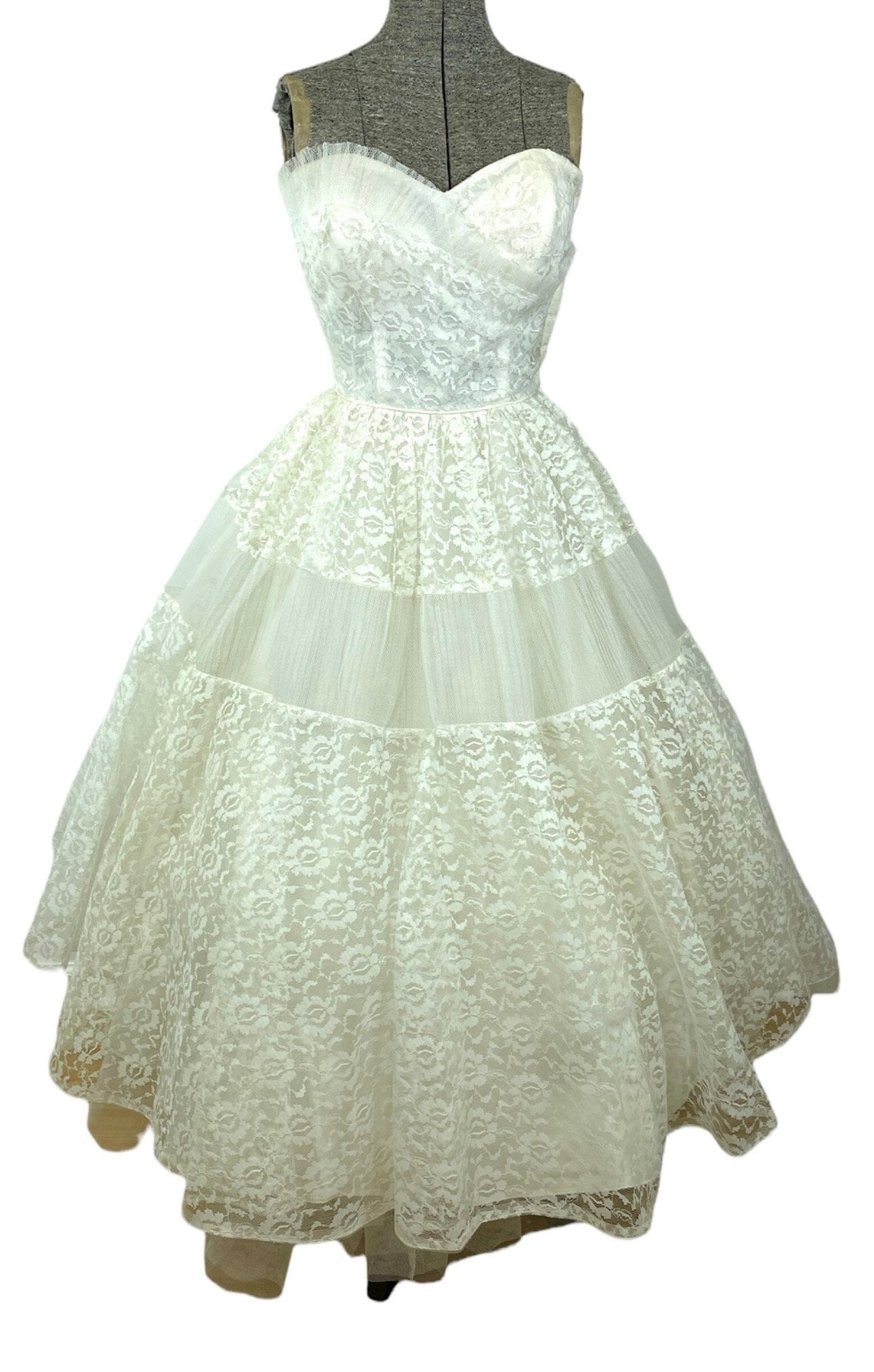 Stunning Vintage 1950s 50s Tea Length White Lace  Wedding Dress