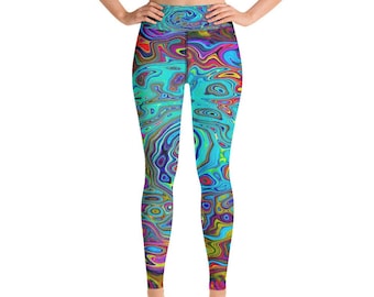Colorful Yoga Leggings for Women, Trippy Sky Blue Abstract Retro Liquid Swirl, Groovy High Waist Women’s All Over Print Workout Yoga Pants