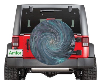 Groovy Spare Tire Covers, Cool Abstract Retro Black and Teal Cosmic Swirl, Hippie Boho Tire Protection for Jeep, SUV and Camper Tires