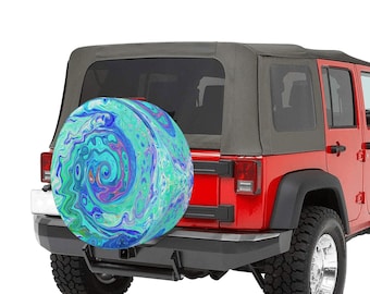 Colorful Spare Tire Covers, Groovy Abstract Ocean Blue and Green Liquid Swirl, Hippie Retro Tire Protection for Jeep, SUV and Camper Tires