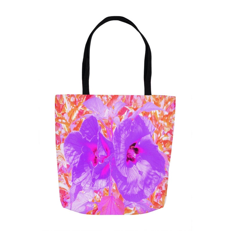 Farmers Market Shopping Bag Fabric Bag Tote Bag Custom Beach Bag Two Purple and Hot Pink Plum Crazy Hibiscus Tote Bags for Women