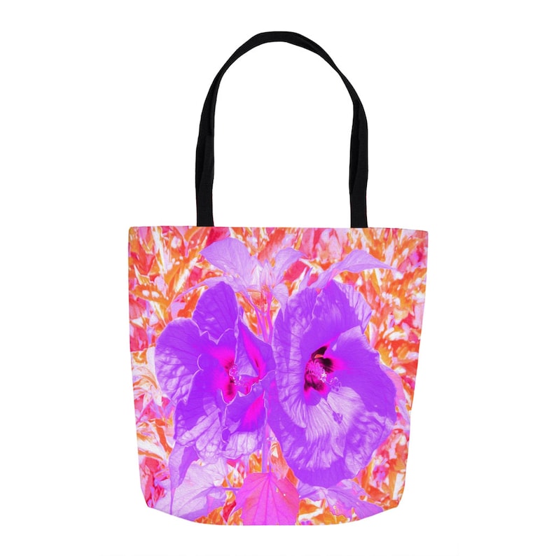 Farmers Market Shopping Bag Fabric Bag Tote Bag Custom Beach Bag Two Purple and Hot Pink Plum Crazy Hibiscus Tote Bags for Women