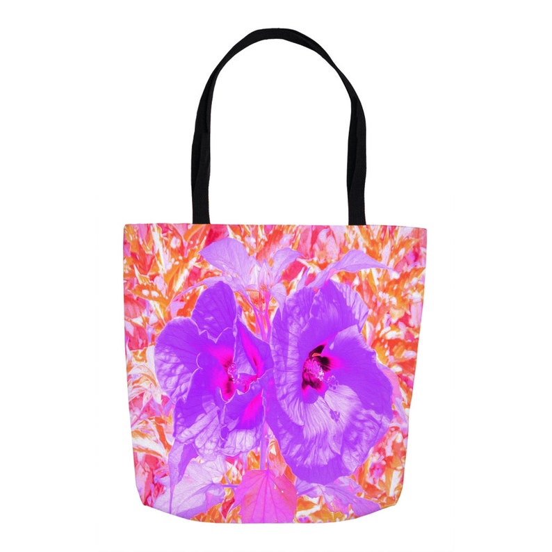 Farmers Market Shopping Bag Fabric Bag Tote Bag Custom Beach Bag Two Purple and Hot Pink Plum Crazy Hibiscus Tote Bags for Women