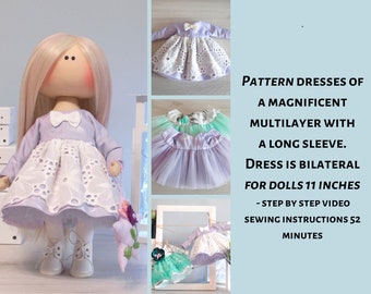 May include: A pattern for a multi-layered dress with long sleeves for 11-inch dolls. The dress is made of lavender and white fabric with a lace overlay. The pattern includes step-by-step video sewing instructions that are 52 minutes long.
