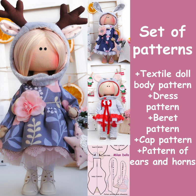 May include: A set of sewing patterns for a textile doll, including a dress, beret, cap, and ears and horns. The patterns are printed on white paper with black ink and include instructions for sewing the doll.
