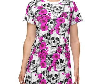Edgy Floral Skull T-Shirt Dress - Perfect for Festivals, Casual Outings, Halloween, and Unique Style Lovers, Trendy Summer Dress