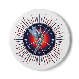 May include: A round, white coaster featuring a silver fairy with blue wings, surrounded by a navy blue circle with the words "Unity", "Service", and "Recovery". Red and blue starbursts and stars decorate the background.