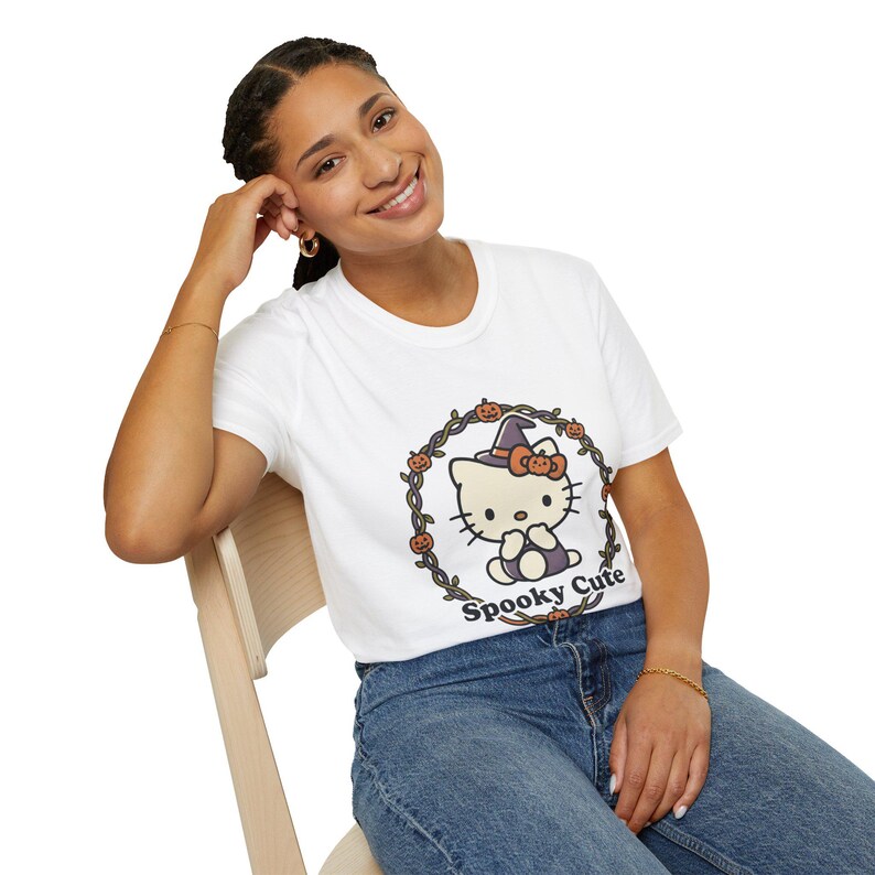 Spooky Cute Hello Kitty Witch T-Shirt | Halloween Pumpkin Wreath image 6