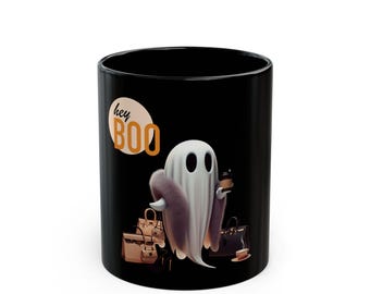 Hey Boo Ghost Mug | Halloween Coffee Cup | Cute Spooky Drinkware | Gift for Ghost Lovers | Black Ceramic Mug