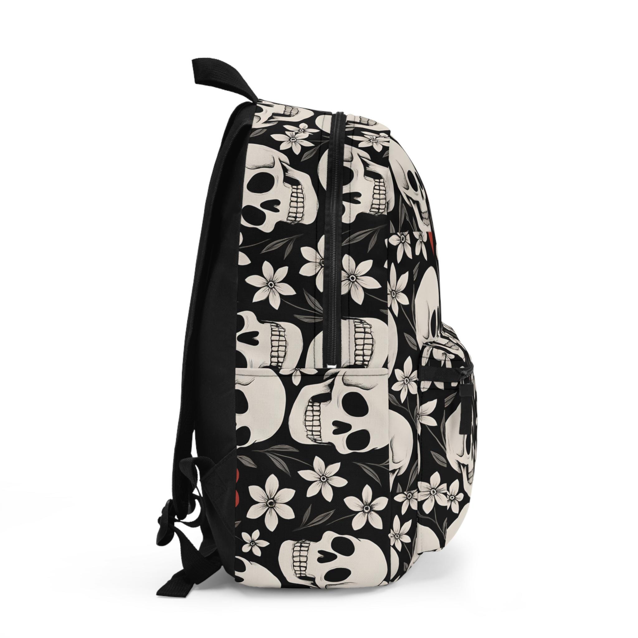 Skull & Floral Backpack Set in Black with Teal, Pink and Cream Accents Edgy Skull Floral Backpack Trendy School Bag, Gothic Style  main image 3