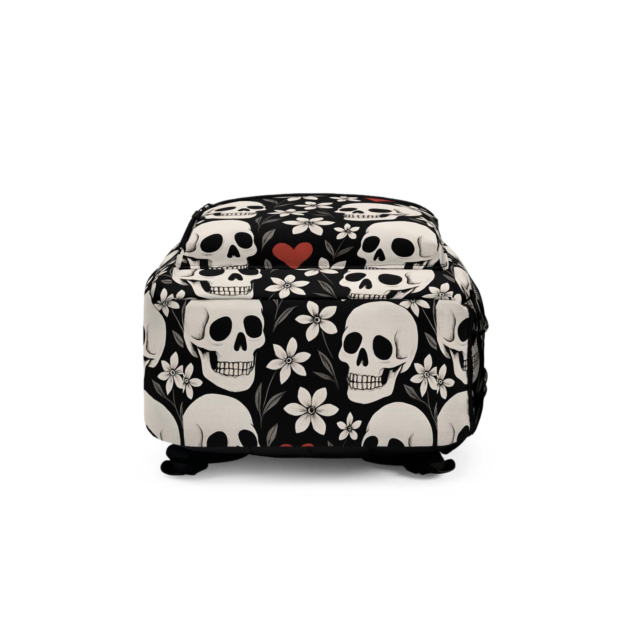 Skull & Floral Backpack Set in Black with Teal, Pink and Cream Accents Edgy Skull Floral Backpack Trendy School Bag, Gothic Style  main image 4