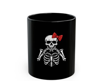 Cute Skeleton Bow Mug, Halloween Gift, Trendy Coffee Cup, Gothic Decor, Spooky Homeware, Black Mug