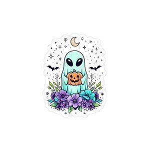 May include: A sticker featuring a teal ghost holding an orange jack-o'-lantern. The ghost is surrounded by purple and teal flowers, bats, stars, and a crescent moon. A whimsical Halloween design.